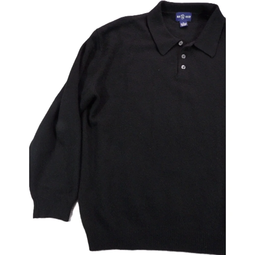 Alan Flusser Cashmere Polo Sweater Men XL Black Long Sleeve Button Neck Knit Top